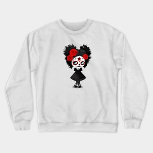 Shy Big Eyes Day of the Dead Girl with Red Roses Crewneck Sweatshirt